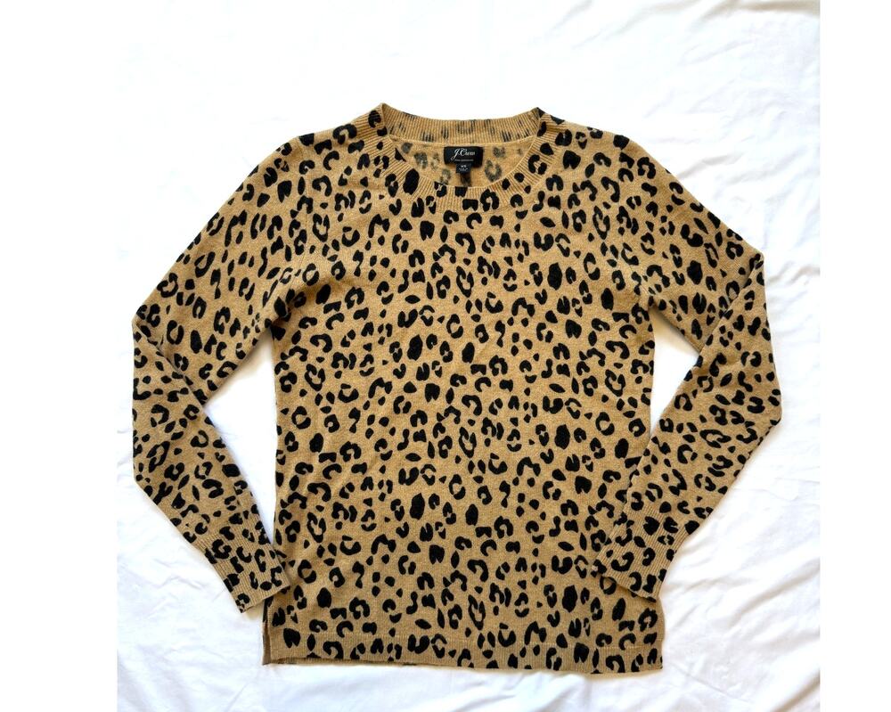 J Crew Leopard Print 100% Cashmere Sweater, XS Extra Small, Camel Tan Black